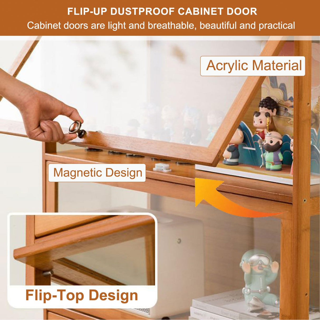 3-Tier Curio Display Cabinet, Storage Shelves with Acrylic Flip Door, Collectibles Toy Organizers Rack & Display Shelf, Bookshelf and Bookcase for Playroom, Bedroom, Office,Wooden,106×80cm/42×32in Generic