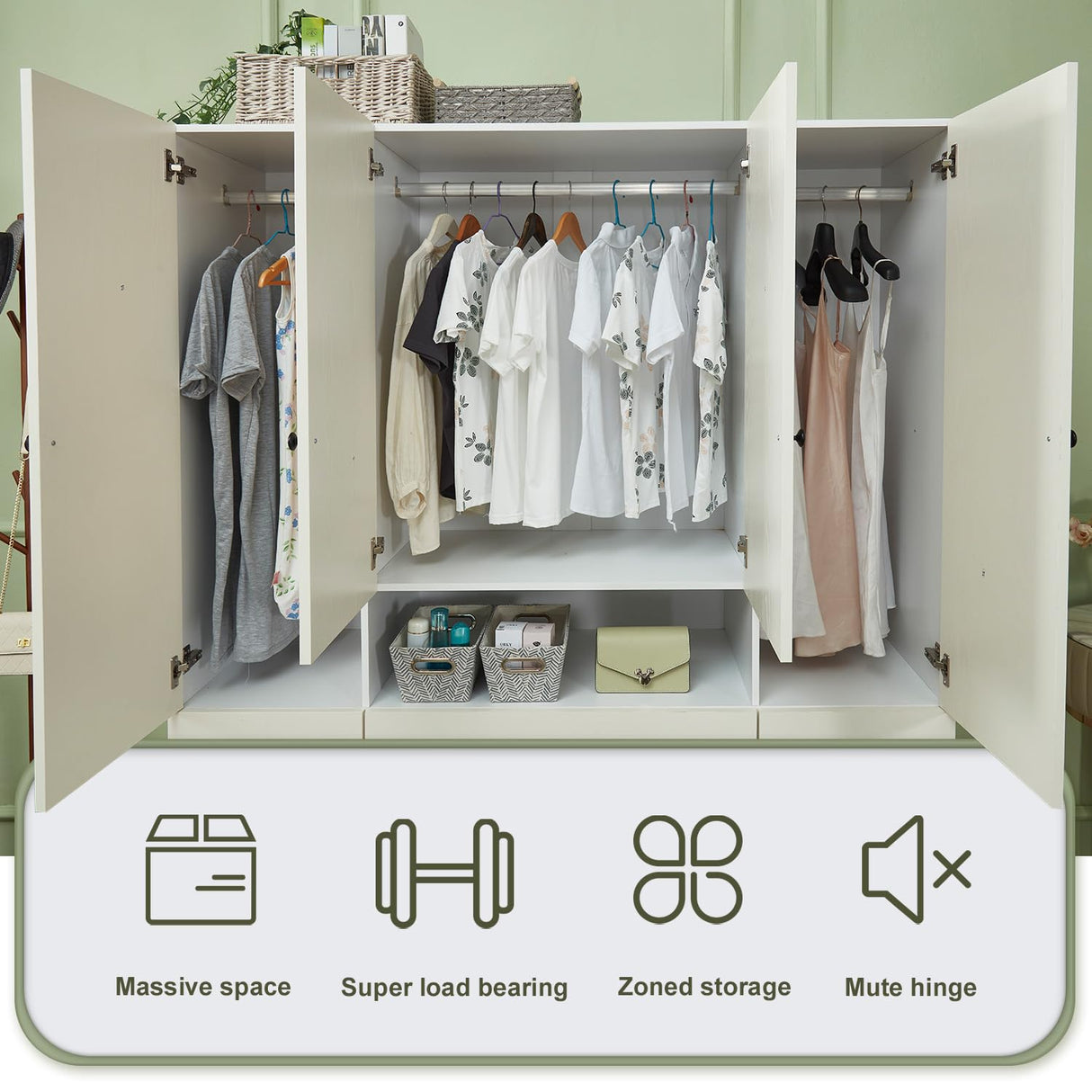 Sophshelter 4 Door White Armoire Wardrobe Closet Cabinet, Wooden 3 Drawers Tall Cabinet Closet for Large Capacity, Storage Cabinet Large Storage Cabinet with 5 Hanging Rod 63" L x 20.3" W x 72" H Sophshelter