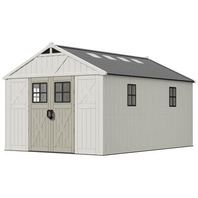 Patiowell 10 x 14 FT Outdoor Storage Shed, Plastic Shed with Floor and Skylight, Resin Storage Shed with Four-Window and Lockable Door for Garden, Patio, Backyard, Beige