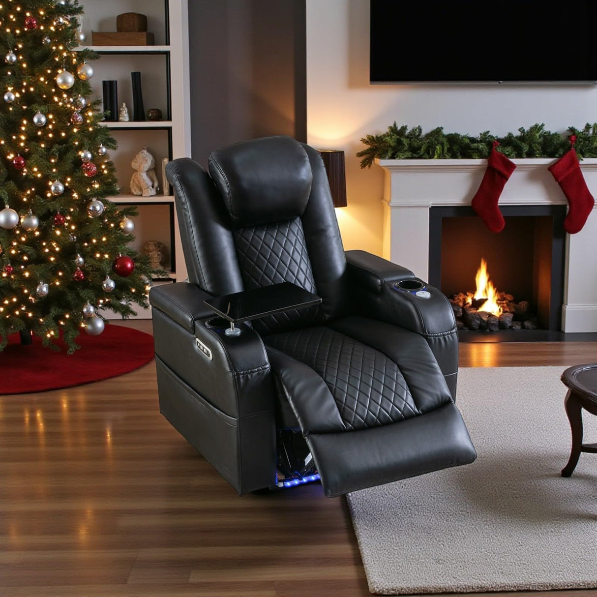 Airadlis Home Theater Seating Seats, Game Movie Theater Chairs Theater Recliner Sofa with 7 Colors Ambient Lighting, Lumbar Pillow, Side Pocket, Tray Table, Power Recline, Black Airadlis