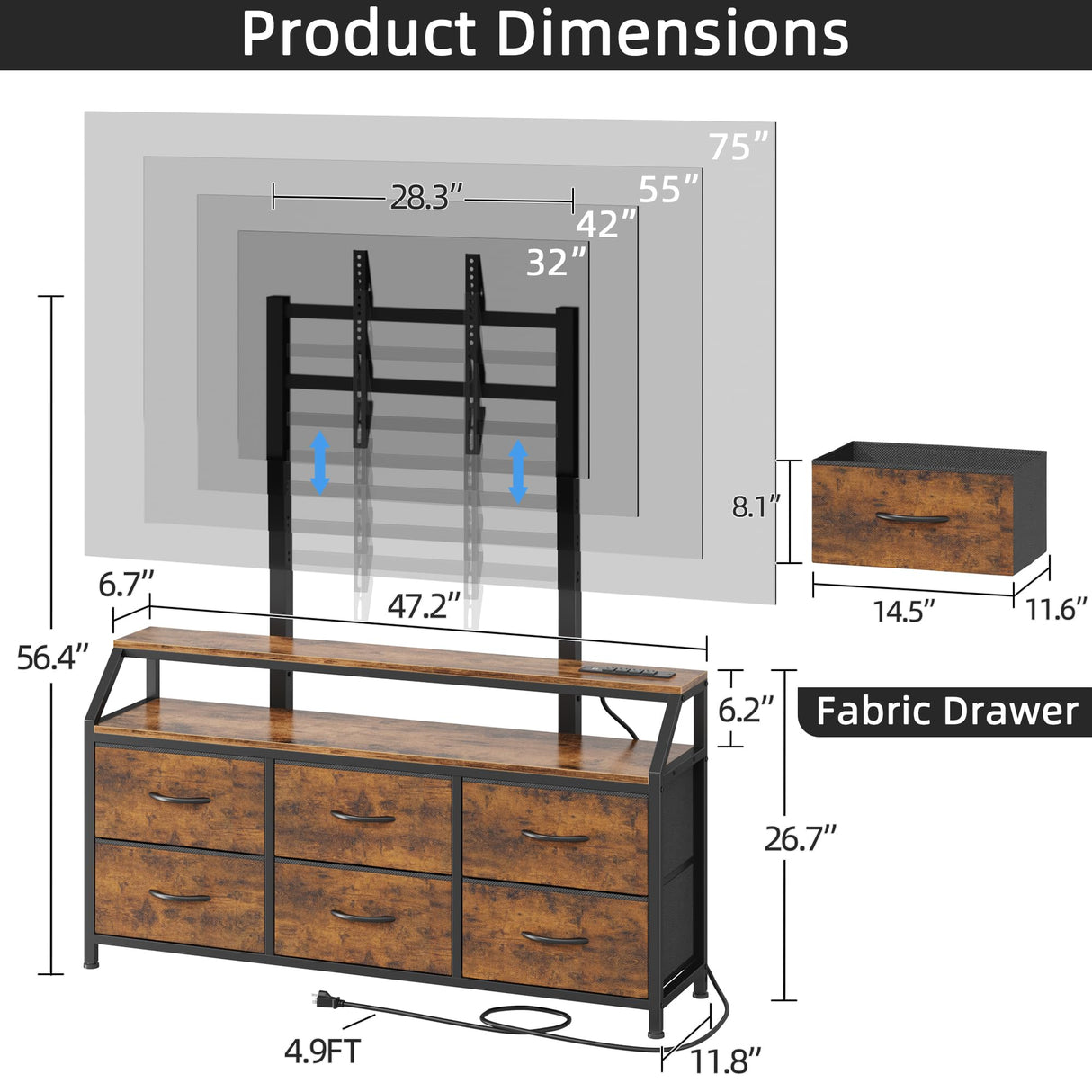 GYIIYUO LED TV Stand with Mount and Power Outlet & 6 Fabric Drawers for 32-75 Inches TV - Entertainment Center and Industrial TV Dresser Console Table for Living Room, Bedroom- 47" Rustic Brown GYIIYUO