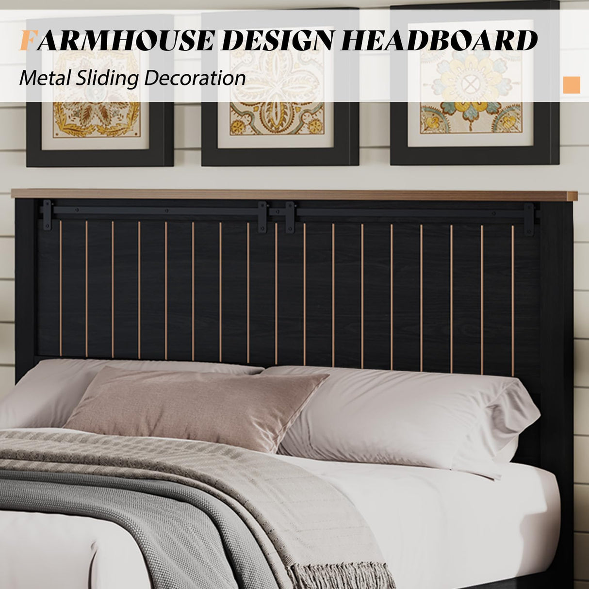 AMERLIFE Farmhouse Full Size Bed Frame with Sliding Barn Door, Wooden Rustic Platform Bed Frame with 47" Tall Headboard, Noise-Free, Solid Wood Slats & Metal Support, No Box Spring Needed, Dark Grey AMERLIFE