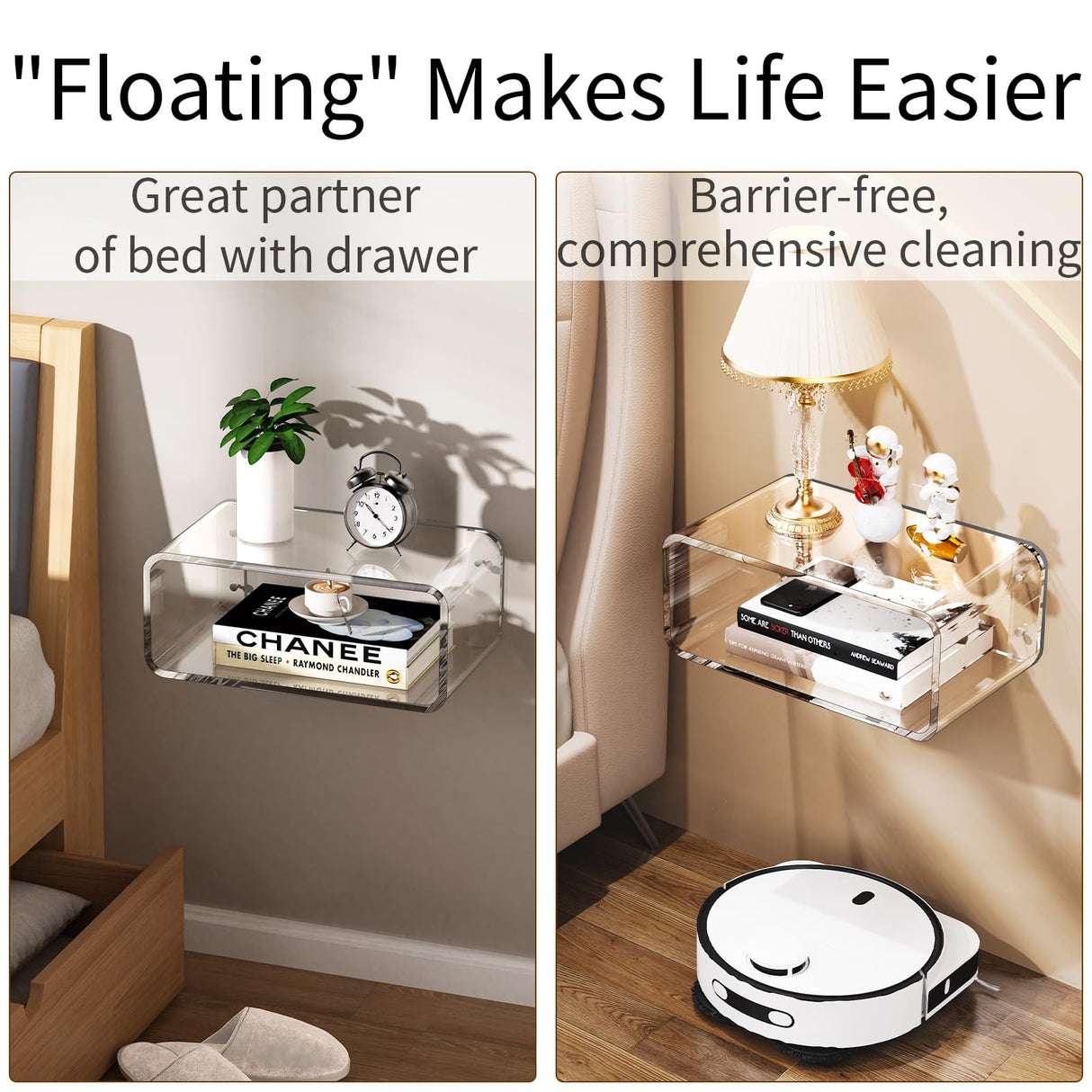 Dewrhiixe Acrylic Floating Nightstand, Bedside Table, Nightstand Shelf Wall Mounted Bedside Shelf (Clear, Small) Dewrhiixe