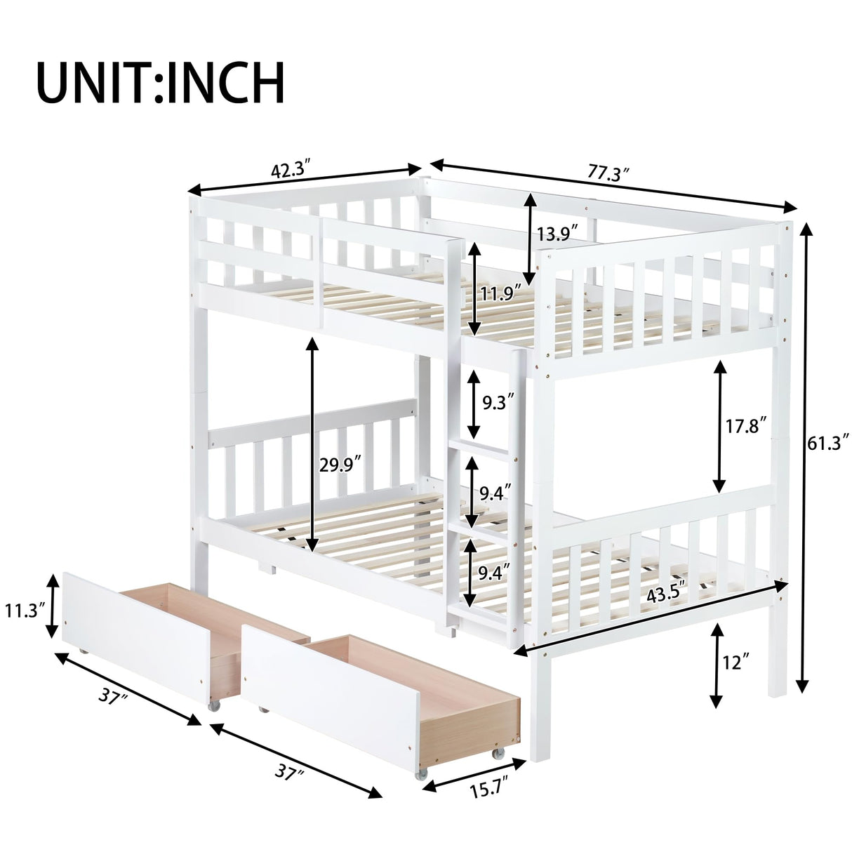 Twin Over Twin Bunk Bed with Storage Drawers, Solid Wood bunk Bed with Ladders and Raised Guardrails for Kids, Convertible into 2 Twin Beds, Bunk Bed Twin Over Twin, White Bellemave