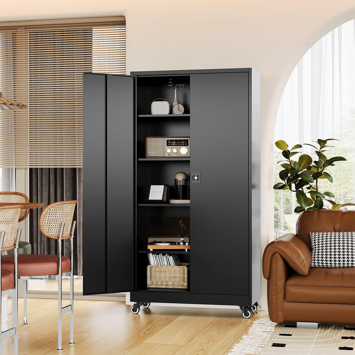 Fesbos Metal Rolling Storage Cabinet-74.6” Tall Steel File Cabinets with Wheels Lockable Doors and Adjustable Shelves-Black Steel Storage Cabinet for Home, School, Office, Garage Fesbos