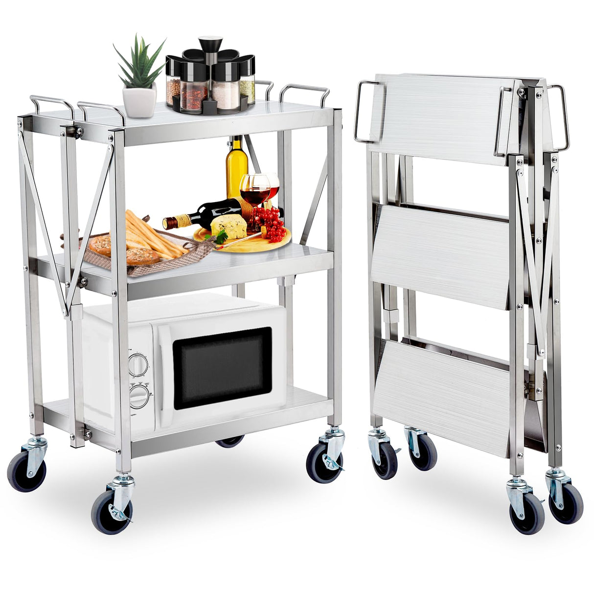Agrestem Portable Folding Service Cart, 3 Shelf Stainless Steel cart, 3 Stainless Steel Shelves Up to 440 lbs Load Capacity, Folding Collapsible Service Cart for Office Home Warehouse Agrestem