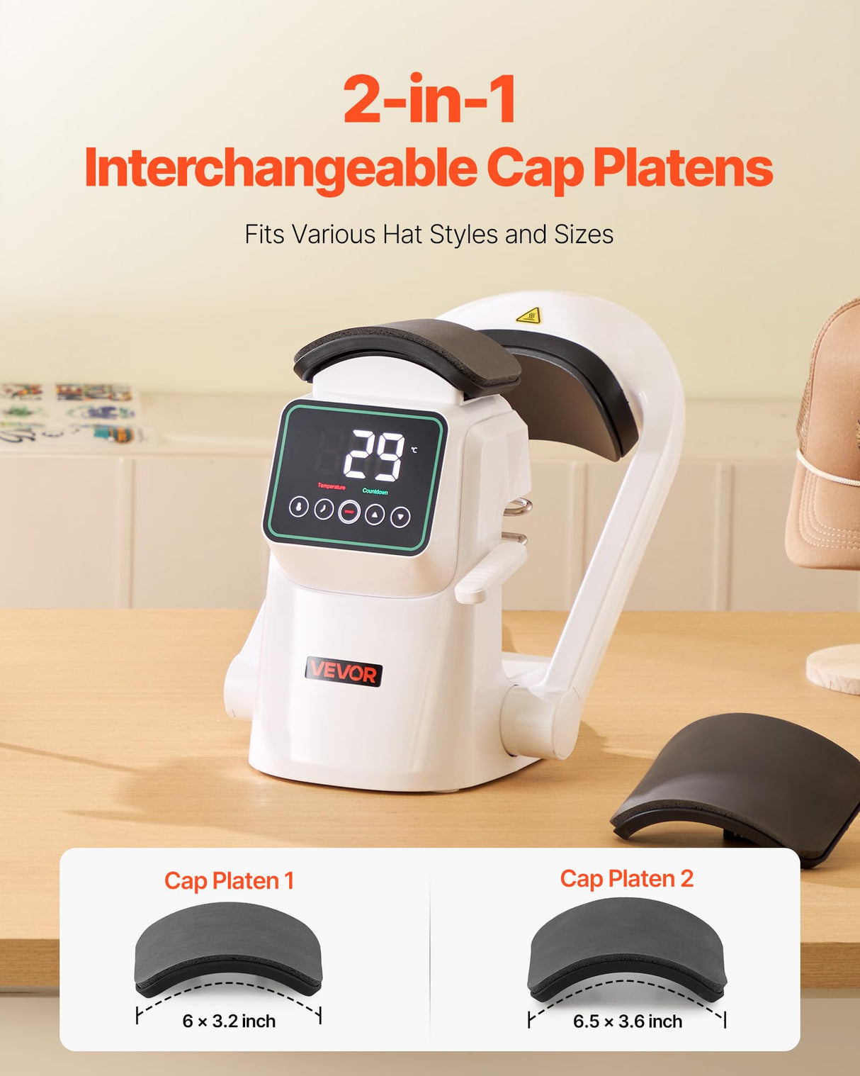 VEVOR Auto Hat Heat Press Machine, with 2pcs Interchangeable Platens, Automatic Open and Release, Touchscreen for Precise Time and Temperature Control, Heat Transfer Printing for Caps, Hats, White VEVOR