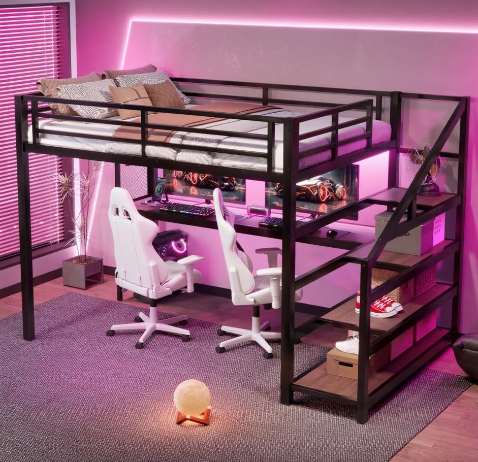 Bellemave Full loft Bed with Storage Stairs, Shelves, Metal Full Loft Beds with LED Lights, USB Ports, Multifunctional Iron Nets for Adults, Kids, Teens, Black Bellemave