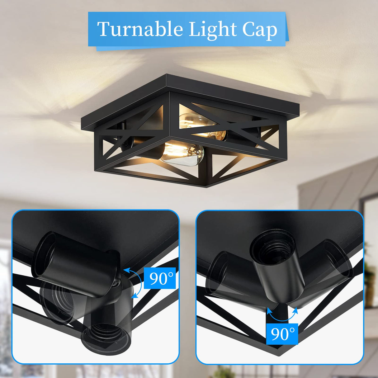 SKEJAO Black Flush Mount Ceiling Light Fixture,2-Light Square Hallway Light Fixtures Ceiling,Light Fixtures Ceiling Mount for Farmhouse,Kitchen,Hall,Bedroom (2 Pack) SKEJAO