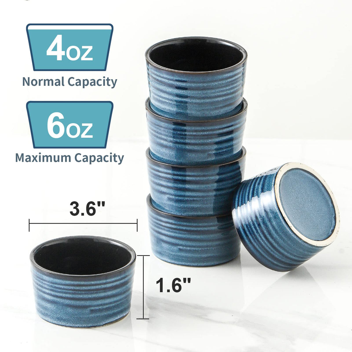 Tikooere Ceramic Ramekins 6 oz, Oven Safe Souffle Dish Set of 6 for Baking, Porcelain Dipping Sauce Bowls for Creme Brulee,Stackable Custard Cups for Pudding, Ice Cream, Lava Cakes, Blue Tikooere
