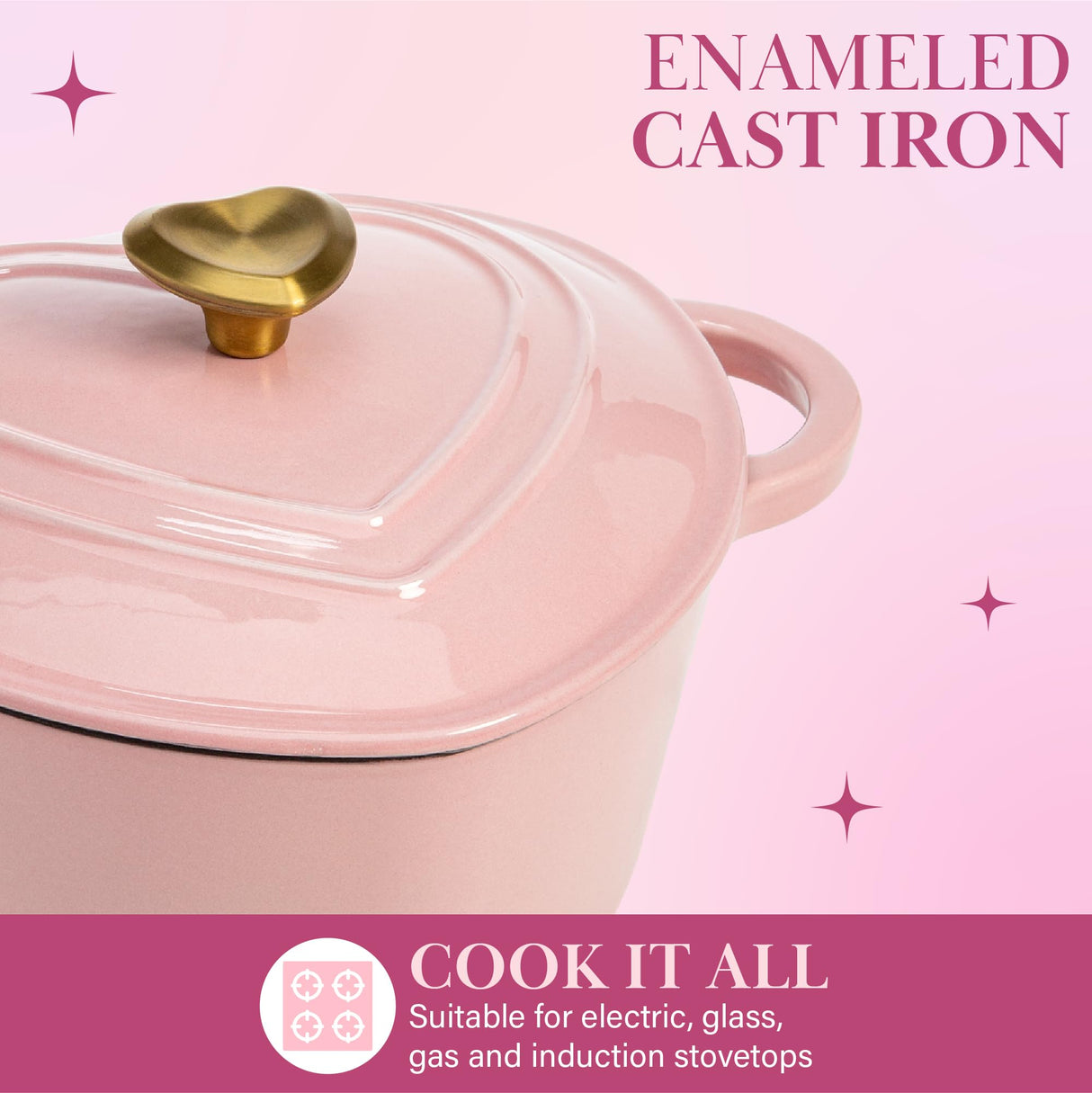 Paris Hilton Enameled Cast Iron Dutch Oven Heart-Shaped Pot with Lid, Dual Handles, Works on All Stovetops, Oven Safe to 500°F, 2-Quart, Pink Paris Hilton