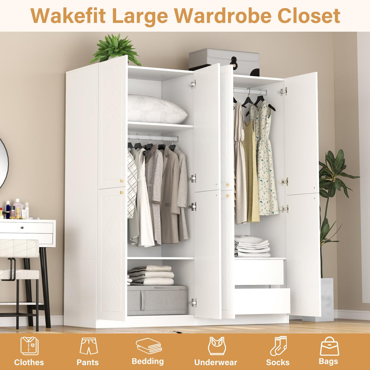Wakefit Armoire Wardrobe Closet, 4 Doors Wooden Wardrobe Closet Cabinet, 78" Bedroom Armoires with Hanging Rod Shelf, Freestanding Wardrobe Cabinet for Bedroom, Guest Room, White Wakefit