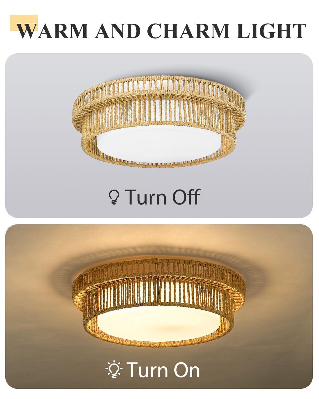 Boho Light Fixtures Ceiling 16W LED, HWH 13'' Woven Rattan Flush Mount Ceiling Light, Handwoven Twine Cage Light Fixtures Ceiling Mount 5CCT, 5HYS78F-LED HWH INVESTMENT