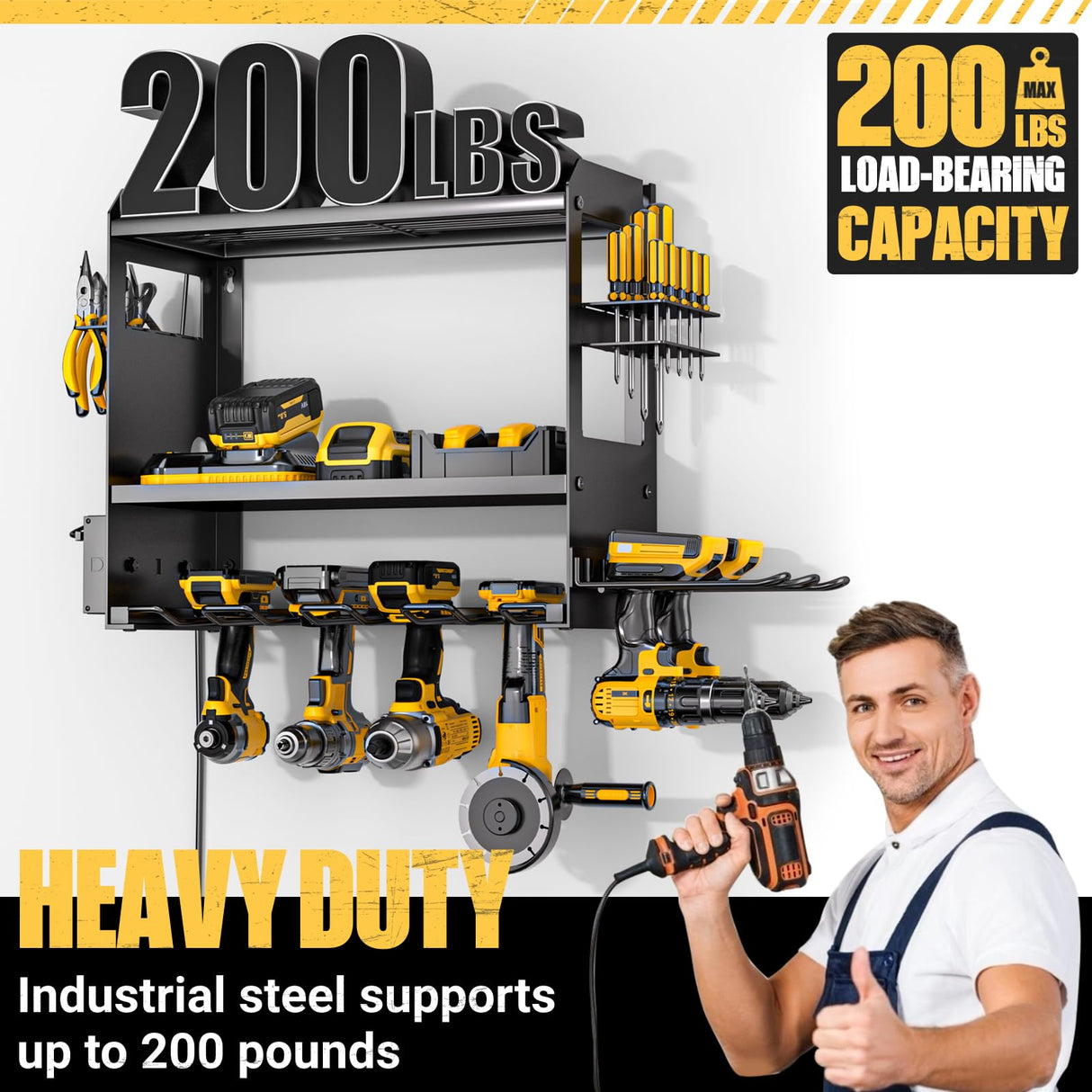 YYR Power Tool Organizer Wall Mount with Charging Station, Cordless Tools Hanger and Battery Storage Rack for Garage Organization, Heavy Duty Drill Holder Shelf Build in Metal Power Strip - Black YYR