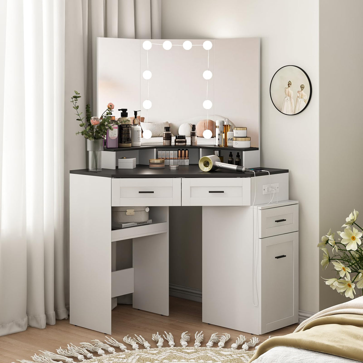 Fameill Corner Vanity Desk with Tri-Fold Mirror and Adjustable Light, Makeup Dressing Table with Power Outlet, 3 Drawers, Sliding Cabinet, Open Shelves, White Vanity Desk for Bedroom, Women, and Girls Fameill