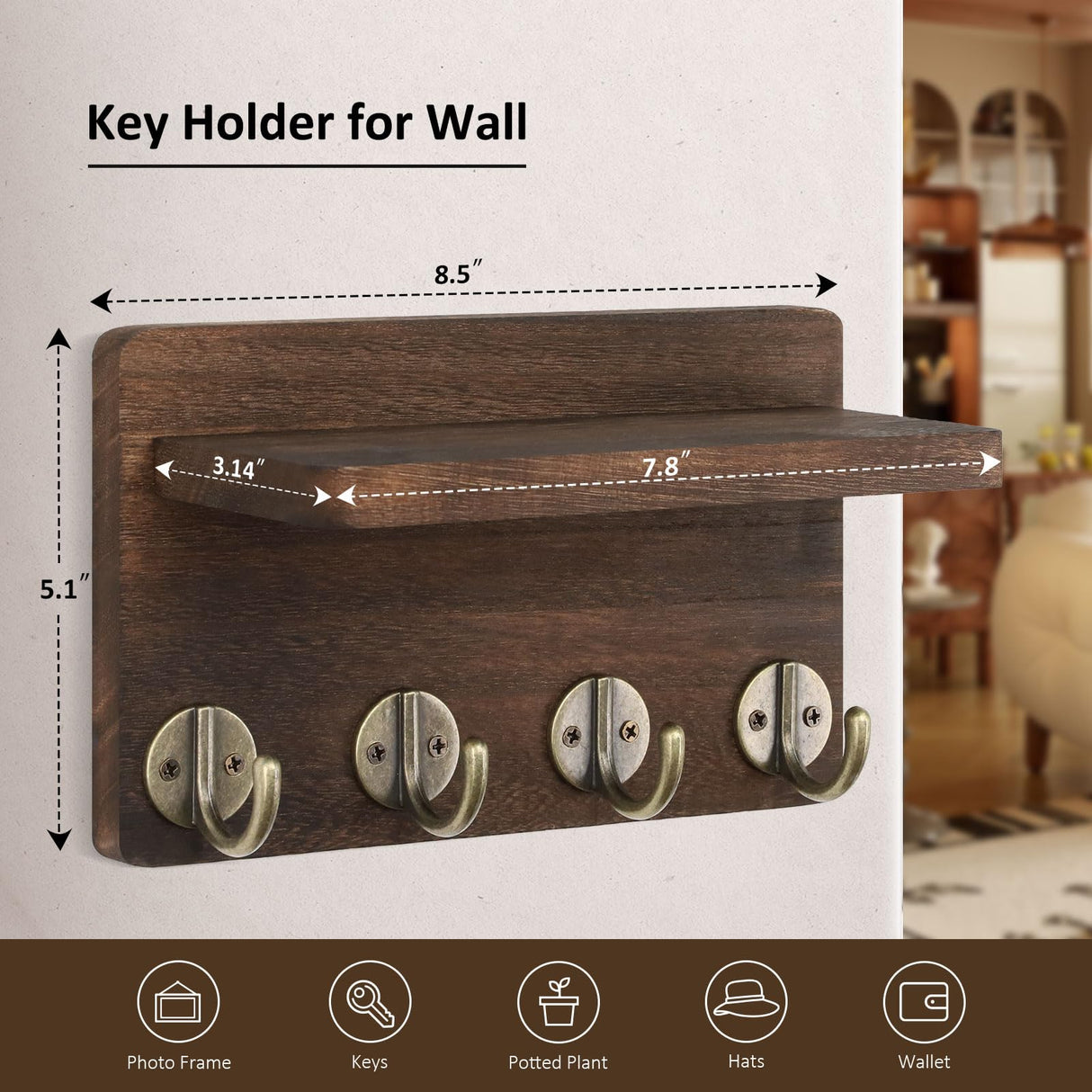 Nekon Key Holder Wall Mount, 8.5 Inch Small Home Decor Wooden Wall Organizer with 4 Hooks and Shelf, Wall Decor for Living Room Entryway Kitchen (Brown) Nekon