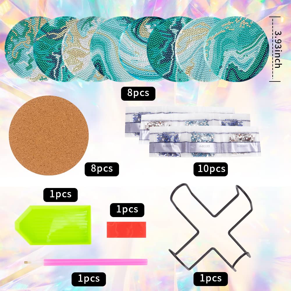 8 Pcs Ocean Diamond Art Painting Coasters with Holder, DIY Ocean Diamond Crafts Coasters for Adults, Diamond Art Painting Kits for Women, Beginners, Diamond Craft Supplies SOEWIOU