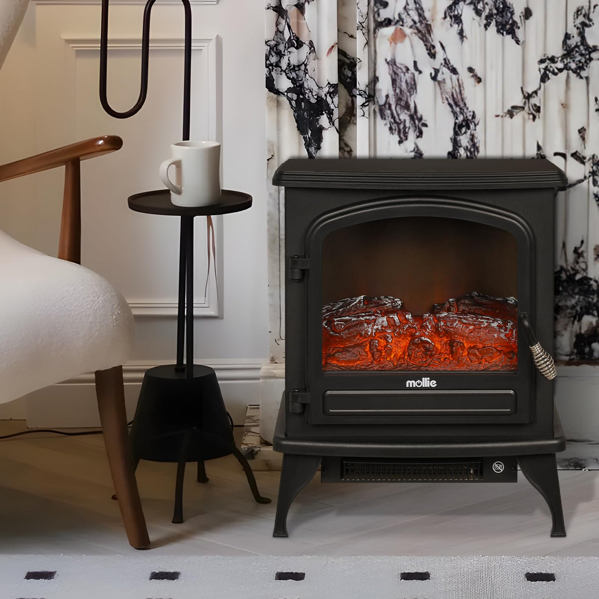 mollie 21-Inch Electric Fireplace Stove 1500W Portable Indoor Freestanding Fireplace Heater with Flame Effect and Adjustable Temperature, Overheating Protection (Black) mollie