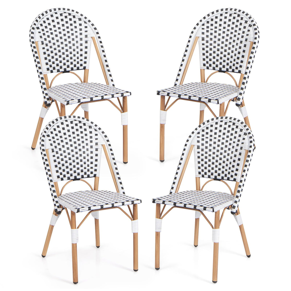 Tangkula French Bistro Chair Set of 4, Outdoor Armless Dining Chairs with Hand-Woven Rattan, Accent Chairs with Galvanized Metal Frame for Garden Kitchen Backyard Porch (Black & White) Tangkula