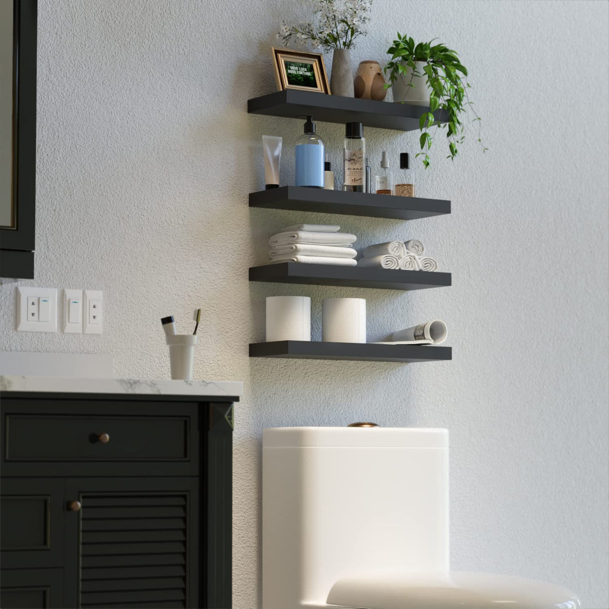 Boswillon Black Floating Shelves for Wall, 4 Sets Wall Mounted Shelves, Display Shelves for Wall Decor, Shelf for Bathroom, Kitchen, Living Room – Black Boswillon