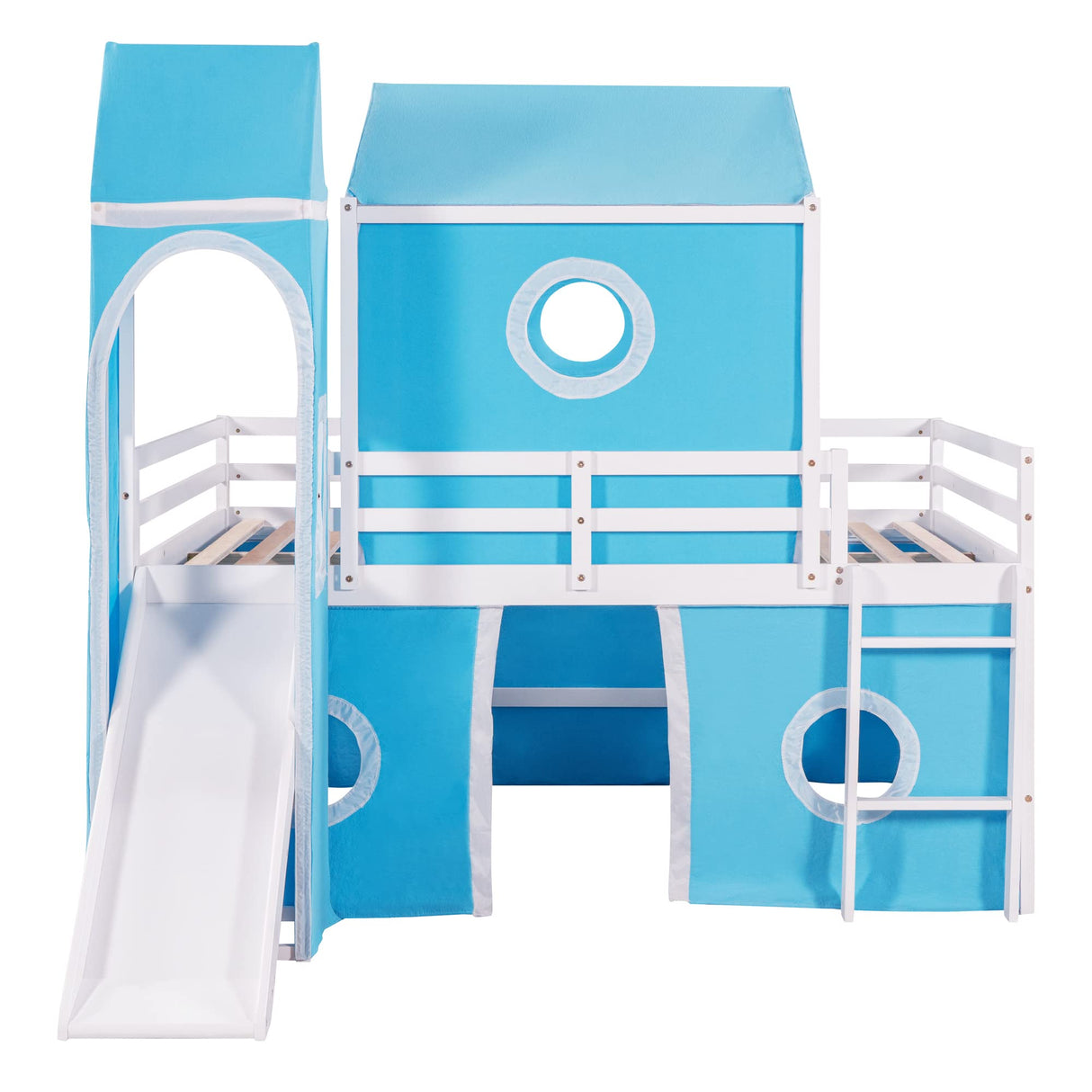 Harper & Bright Designs Blue Full Size Loft Bed with Slide, Curtains, and Tower - Solid Wood Low Loft Frame for Kids Harper & Bright Designs