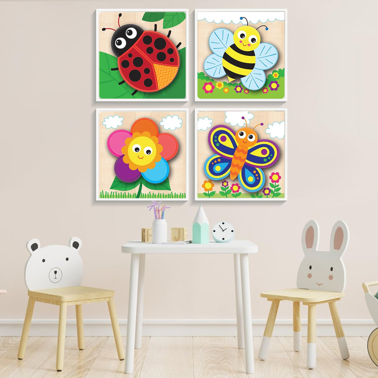 Framed 4 Pack Paint by Numbers Kit for Kids, Cute Cartoon Paint by Number for Kids Ages 4-8 Easy Kids Paint by Number Kits Age 8-12, DIY Acrylic Oil Painting by Numbers for Home Wall Decor 8x8 Inch Fountor