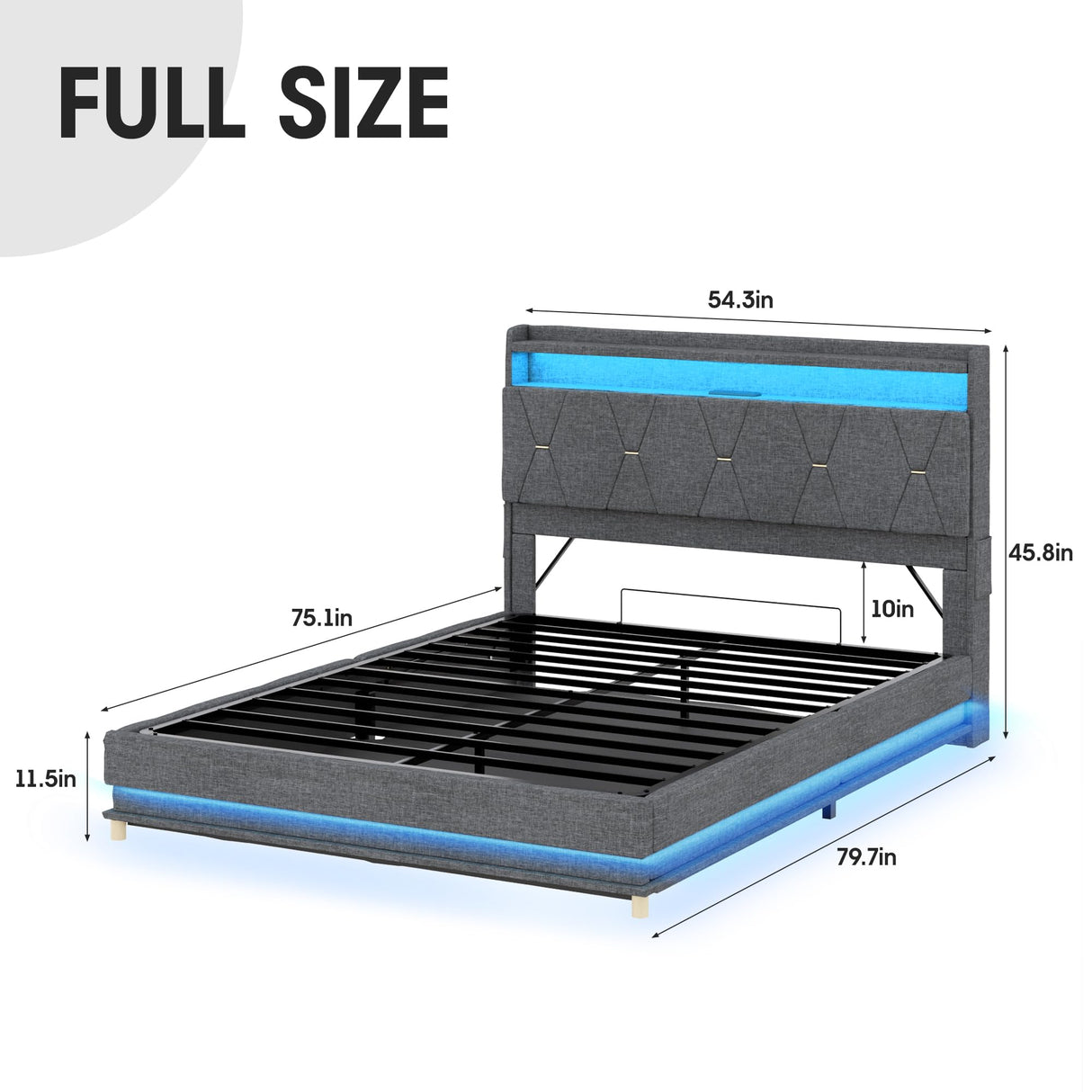 Fameill Full Size Lift Up Storage Bed Frame, Storage Headboard with Charging Station, LED Lights Upholstered Platform Bed, No Box Spring Needed, Noise-Free, Dark Grey Fameill