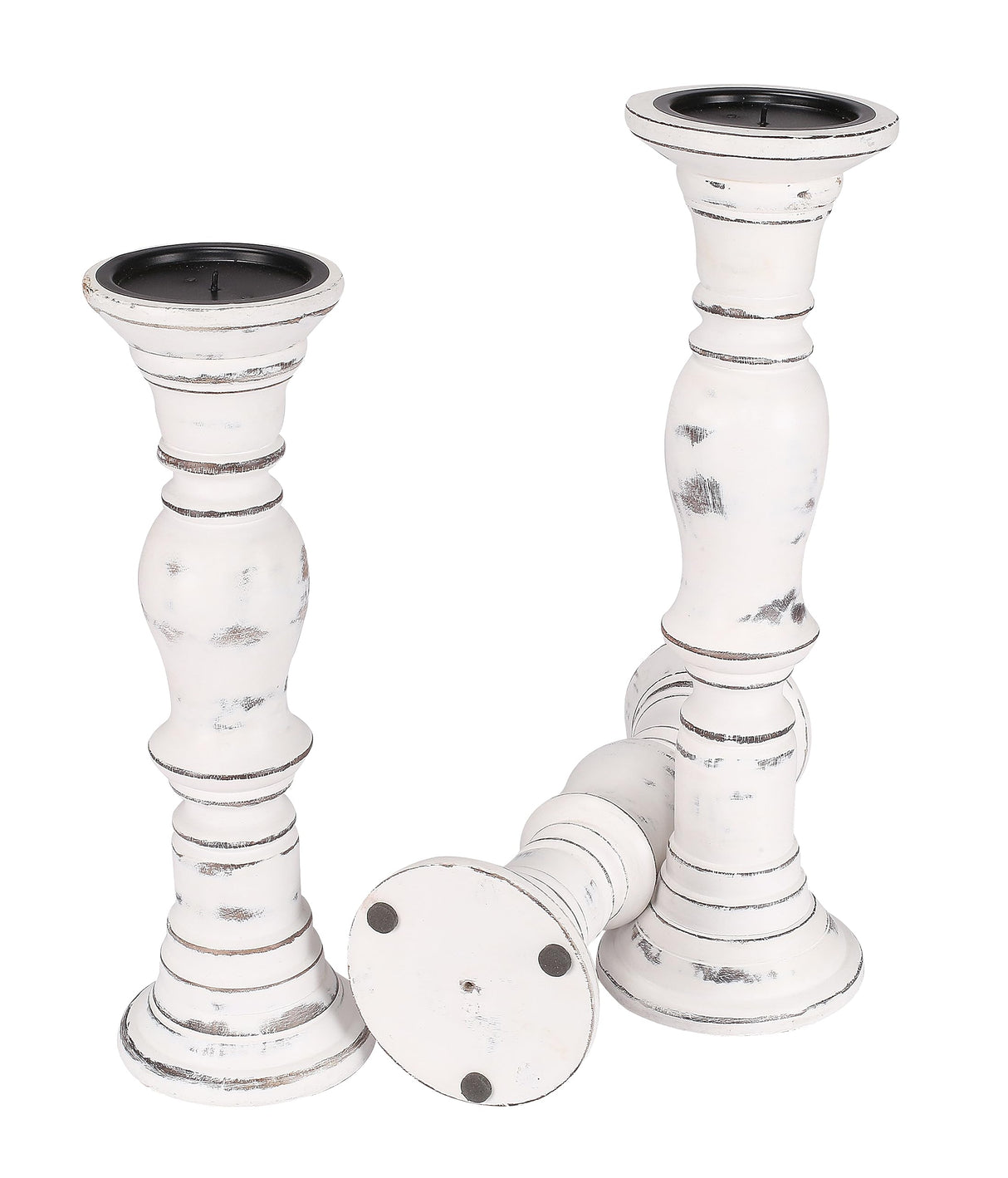 Candle Stands Wooden for Pillar Candles,Rounded Turned Colums, Sustainable Woods, Country Style, Idle for Reiki, Aromatherapy, Votive Candle Garden Home décor - 16,14,12 Inch Set of 3 - White Antique The Wooden Town