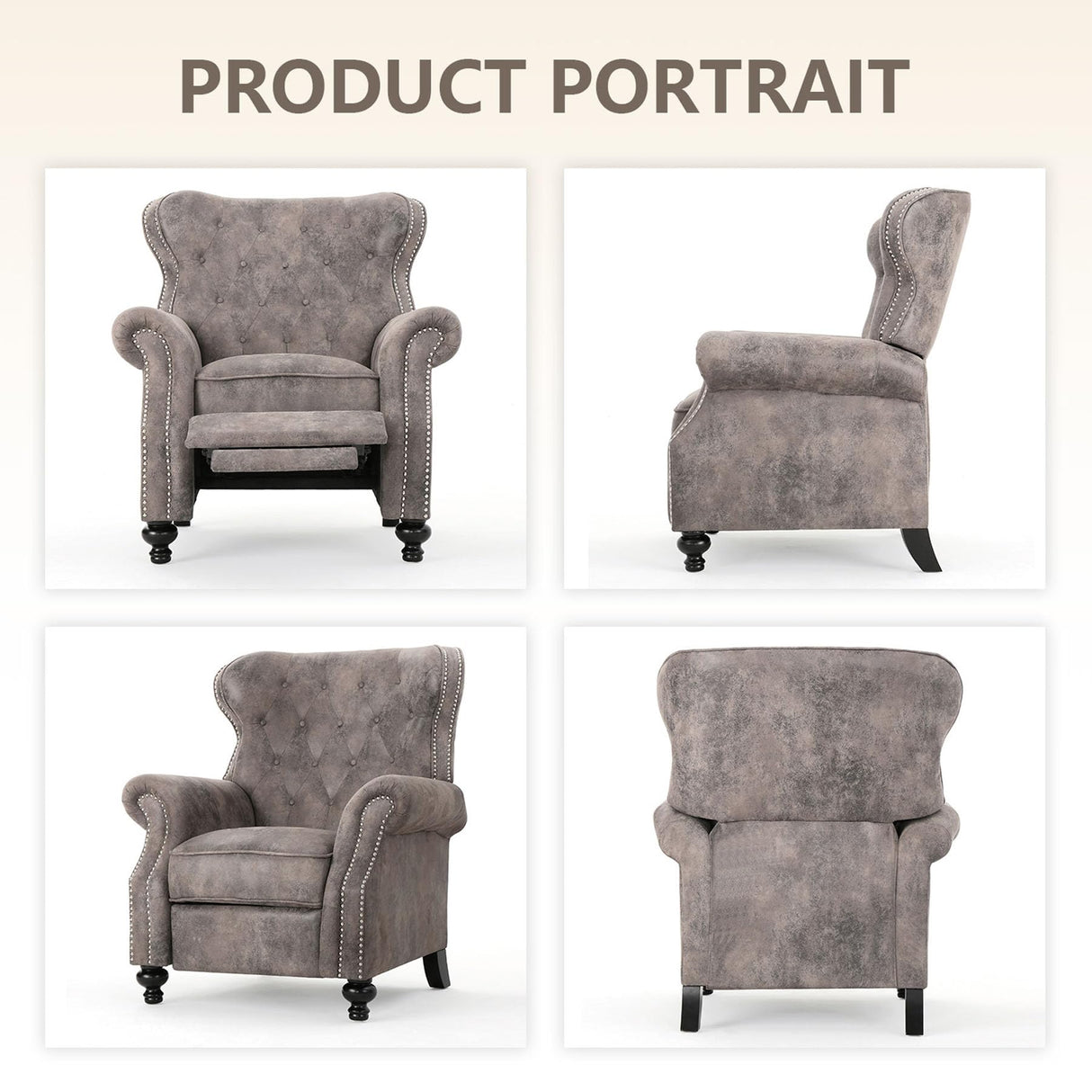 Pushback Recliner Chair, Fabric Armchair Push Back Recliner with Rivet Decoration, Mid Century Wingback Accent Chair for Living Room, Bedroom, Stable Hump Feet (Brown Gray) anwickjeff