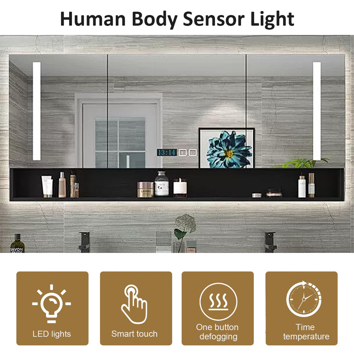 TIZAZO Bathroom Vanity with Double Sink - 72IN Bathroom Sink Vanity with One - Button Defogging & Human Body Sensor Light | 4 Drawers, Black TIZAZO