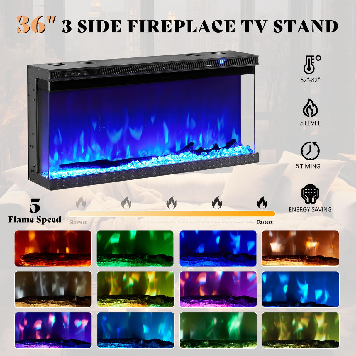 AMERLIFE Farmhouse LED Fireplace TV Stand with 3-Sided Glass Fireplace, 70" Large Entertainment Center for TVs up to 80", Rustic TV Console with Glass Door Storage for Living Room, Dark Oak Wood AMERLIFE