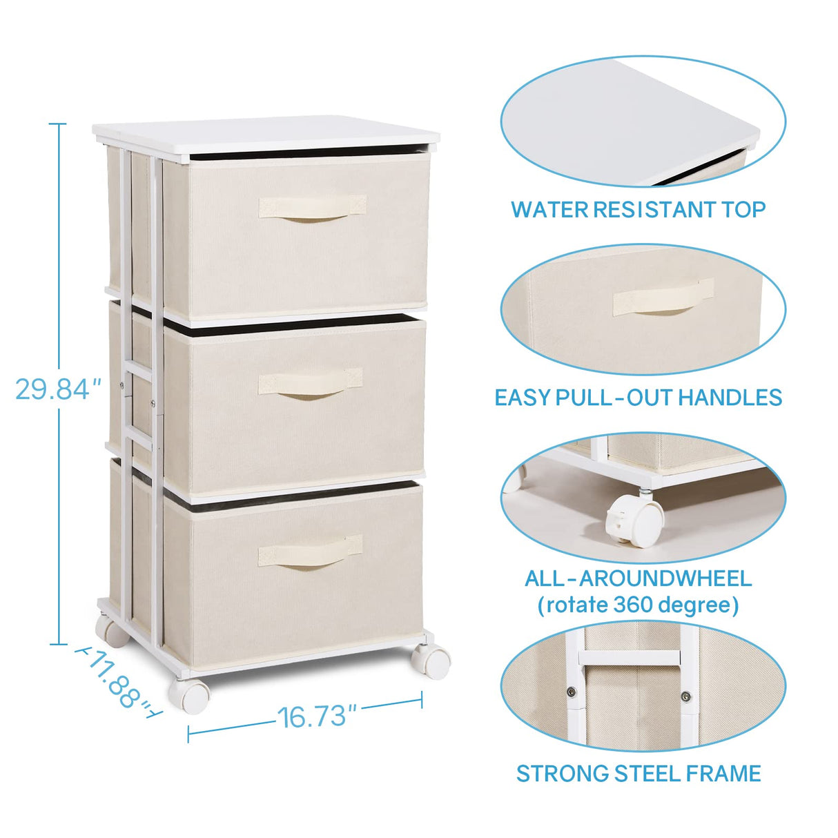 MAX Houser Dresser Tower with 3 Drawers for Bedroom, Fabric Storage Organizer Unit, Chest of Drawers with with WoodTop, Small Vertical Storage for Guest Room, Closet, Entryway, Nursery(Beige) MAX Houser