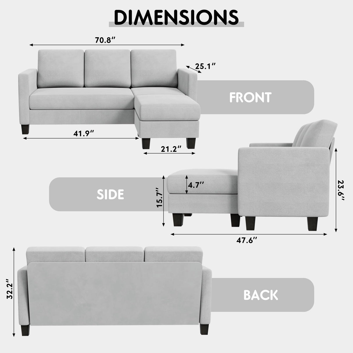 YESHOMY Convertible Sectional Small Sofa L-Shaped Couch Seat with Modern Linen Fabric, for Living Room, Apartment,Study and Office, 70", Light Gray YESHOMY