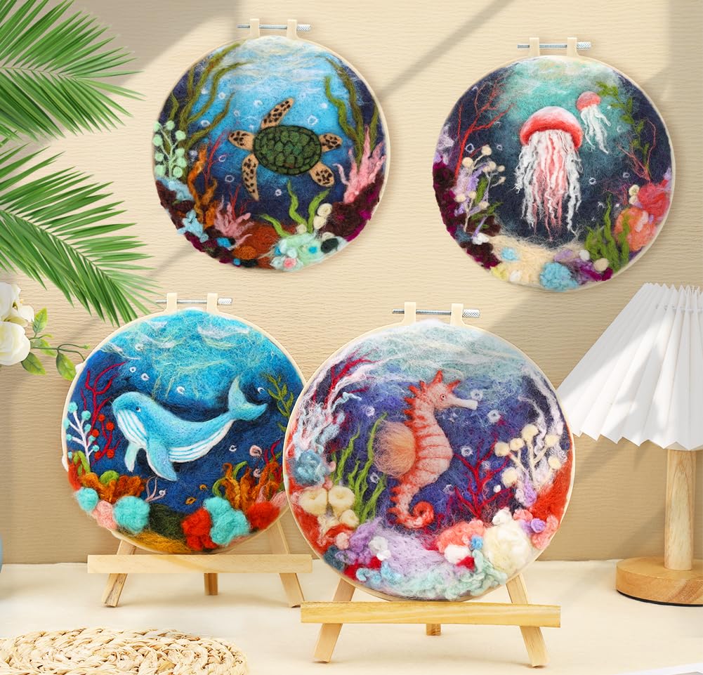 Fedmut Needle Felting Kit, Wool Felting Kit for Beginners Adult with Wool, Needles, Foam Pad, Felt Cloth and Instructions – 4 Set Sea Animals Painting Frame for Great Gift Decoration Fedmut