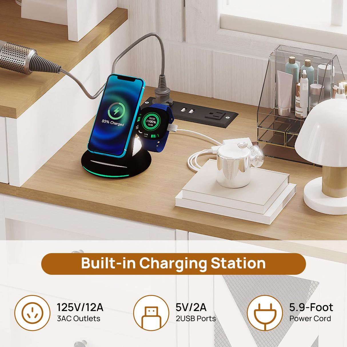 amzzar Farmhouse Vanity Desk with Sliding Lighted Mirror, White Makeup Vanity Table with Drawers and Side Storage, Large Dressing Table Vanity Set with Stool and Charging Station for Bedroom amzzar