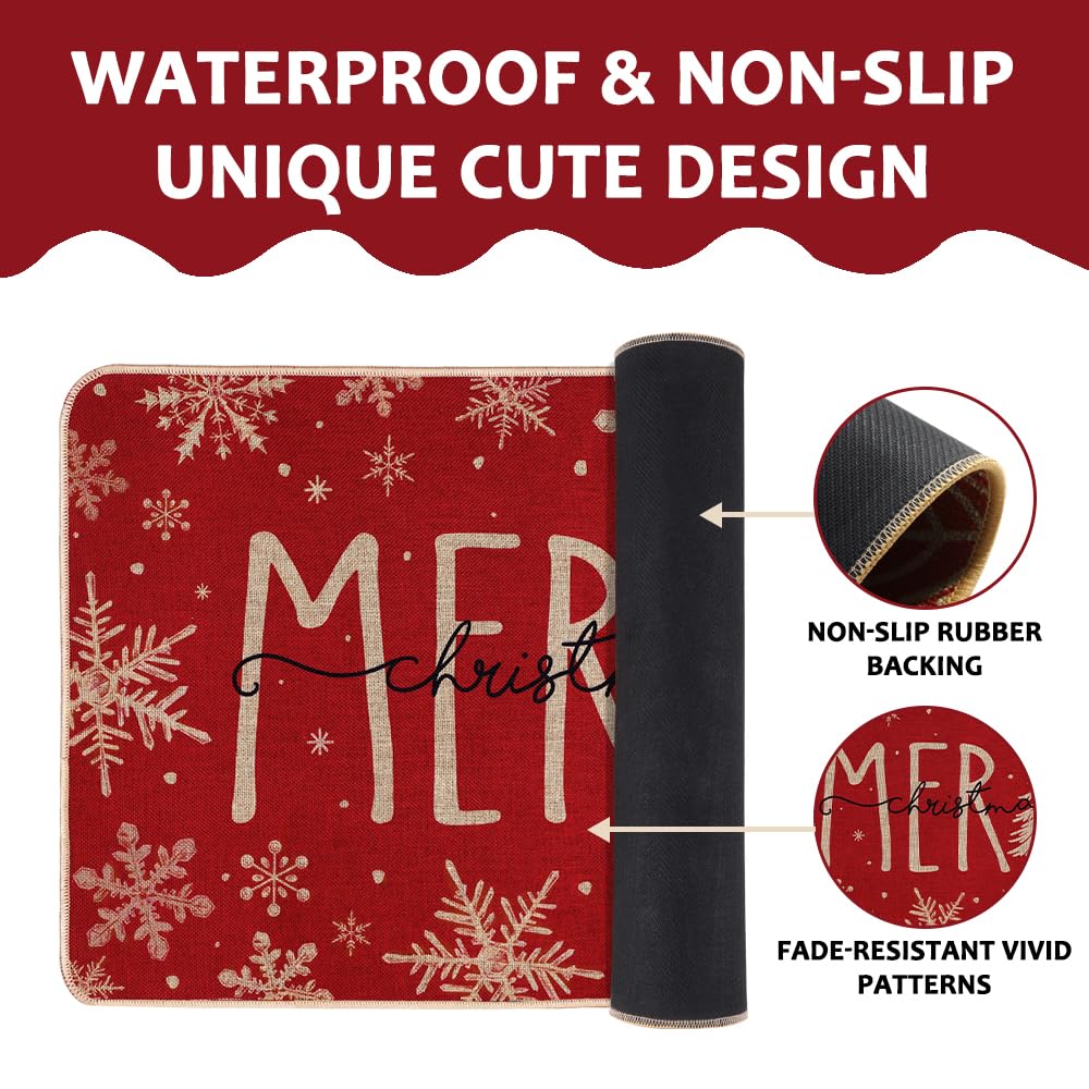 Heirloom Haven Merry Christmas Snowflakes Red Winter Doormat 17 x 29 Inch, Christmas Tree Holiday Decorative Throw Mat Non-Skid Entryway Mat Washable Floor Mats for Bedroom Living Room Kitchen Heirloom Haven
