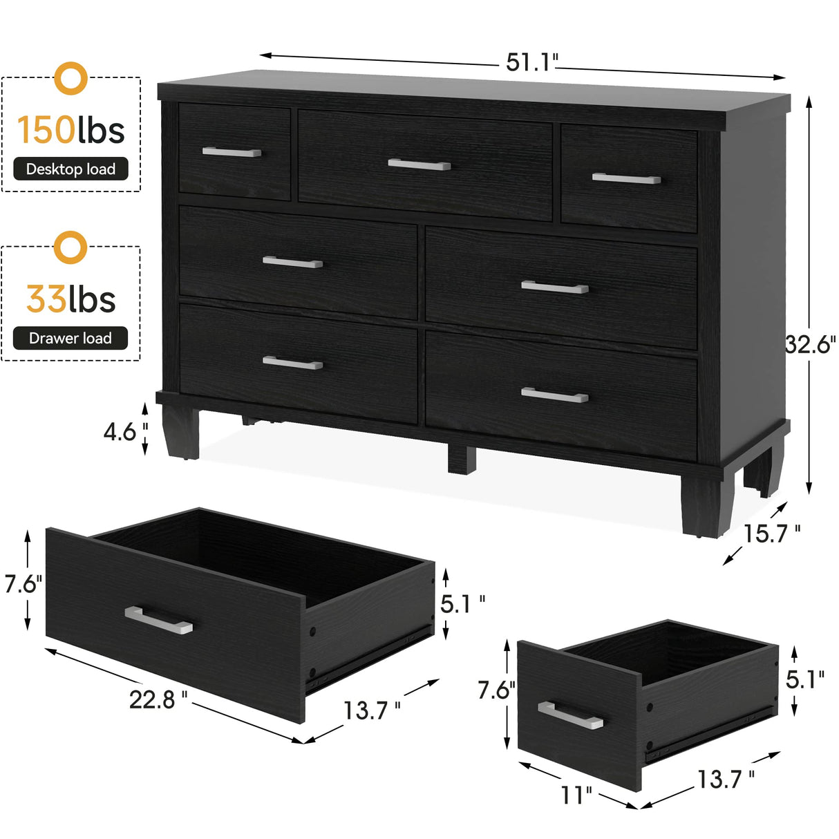 GarveeHome Dresser for Bedroom, 7 Drawers Modern Wood Dresser, 51" Wide Chest of Drawers Closet, Wooden Dresser Organizer with Metal Handle, for Bedroom, Living Room, Black GarveeHome