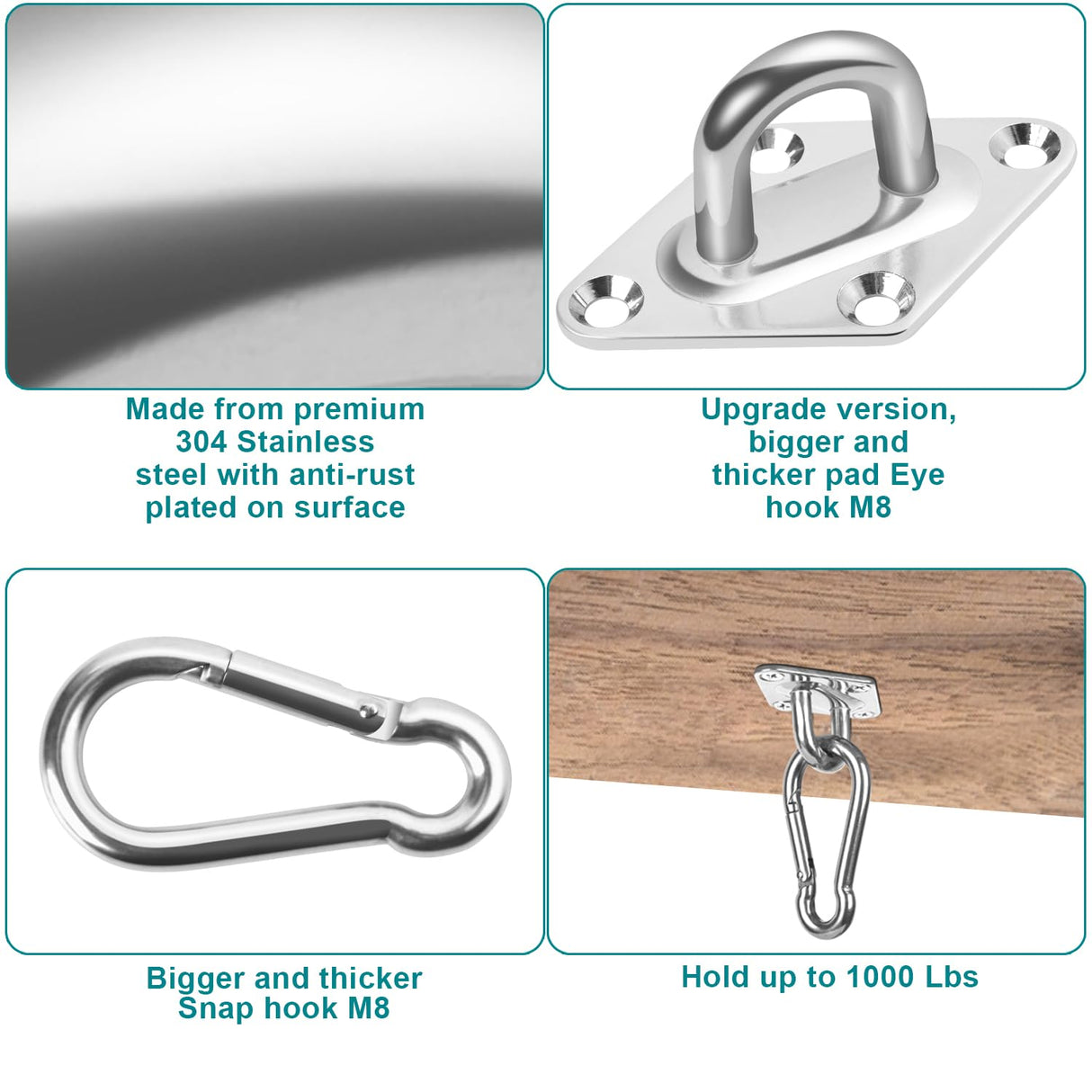 CZXNBI Heavy Duty Hammock Hanging kit - 1000 lb Capacity Swing Hooks, Ceiling Hooks for Wall/Ceiling Mount, Indoor & Outdoor - Stainless Steel (Medium) CZXNBI