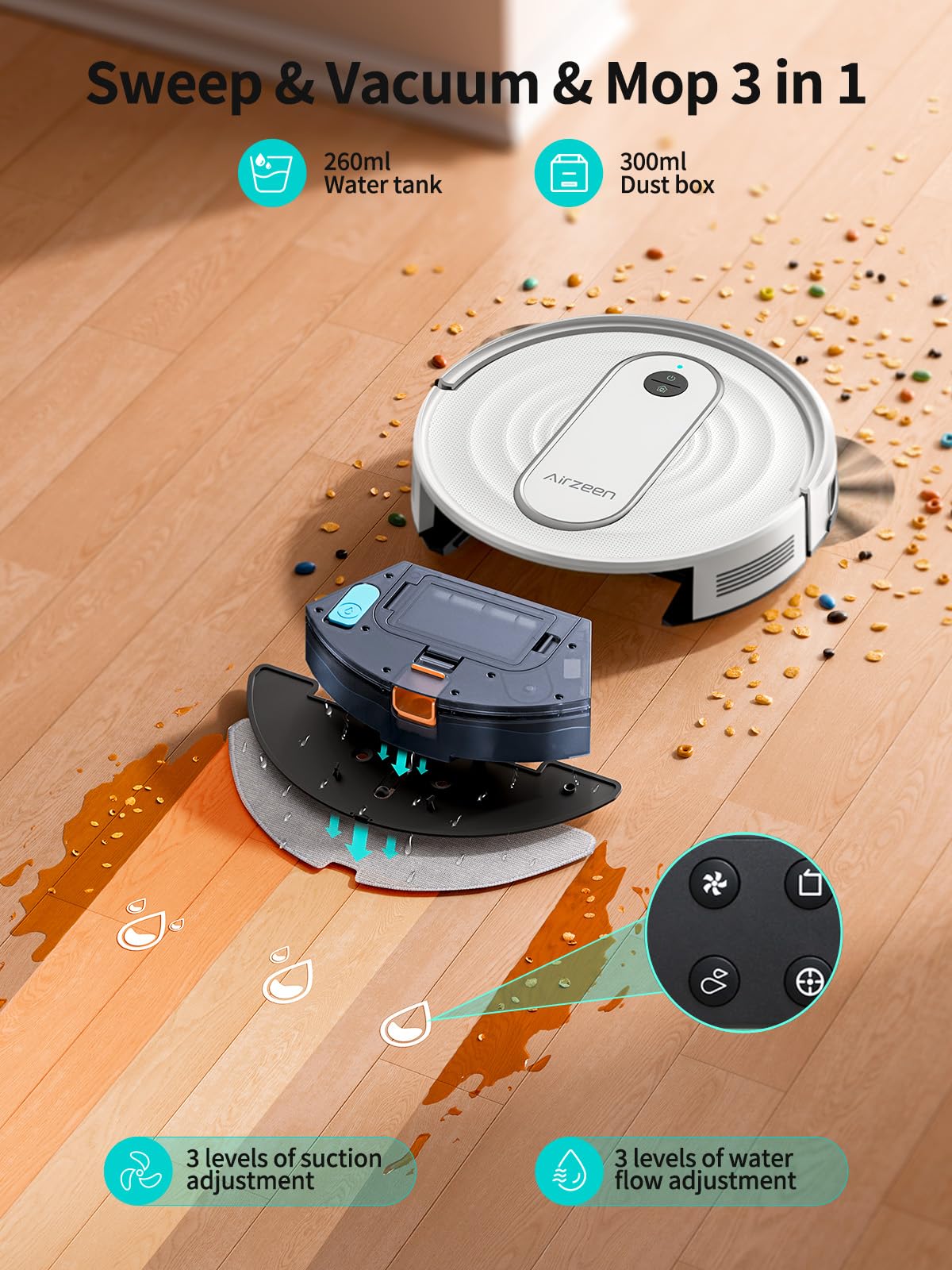 Airzeen Robot Vacuum and Mop with 4000Pa Power-Lifting Suction, APP/Alexa Control Robot Vacuum, 3 in 1 Robot Vacuum Cleaner with Auto Self-Charging, Ideal for Pet Hair, Carpet, Hard Floor, Quiet, J10 Airzeen
