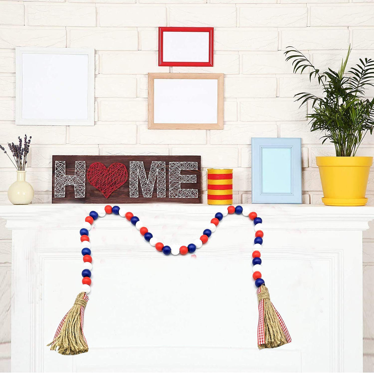 Wood Bead Garland with Rustic Tassels, Farmhouse Wall Hanging Prayer Beads Patriotic American Independence Day 4th of July Ornaments for Home Decor Medoore