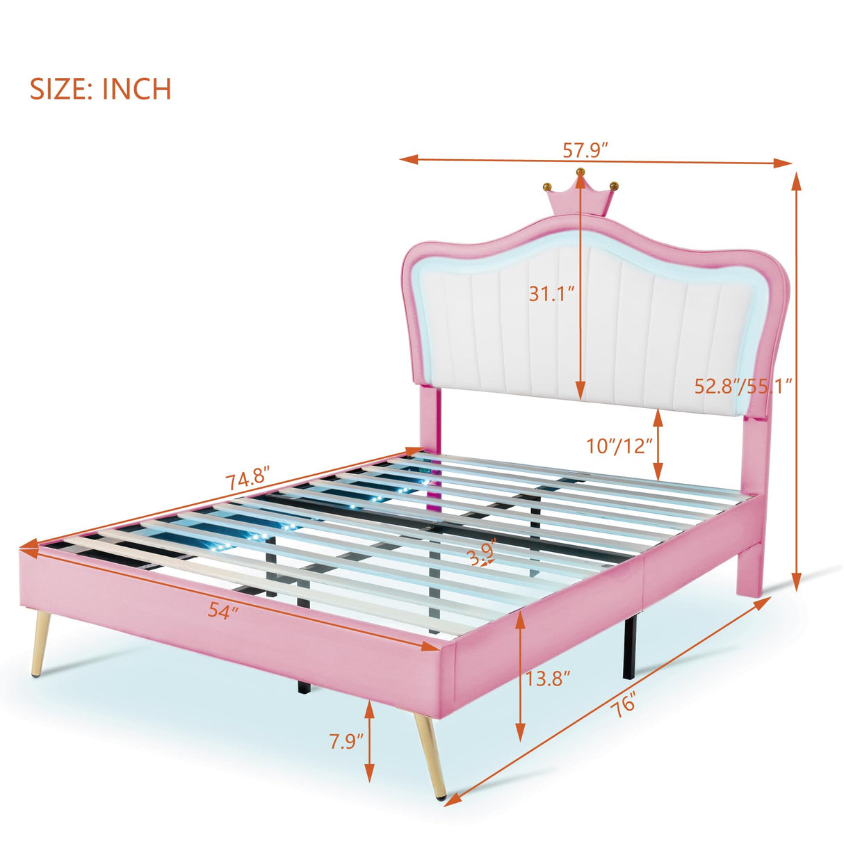 Linique Full Size Upholstered Bed Frame with LED Lights, Modern Upholstered Princess Bed with Crown Headboard, White+Pink Linique
