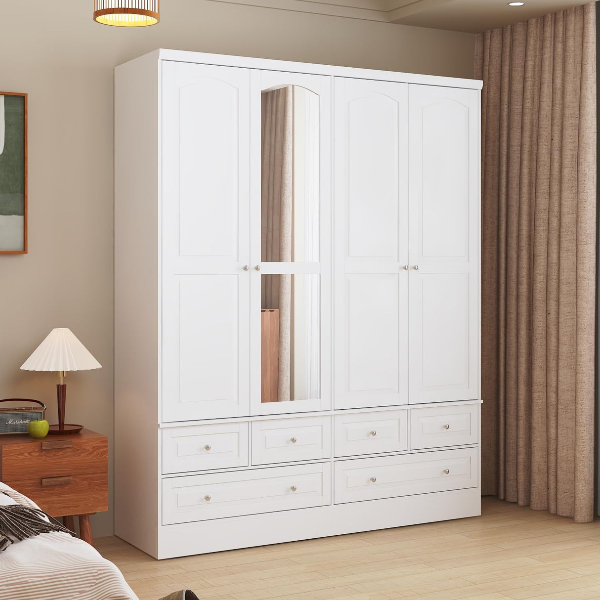 Homsee 4 Doors Armoire Wardrobe Closet with Mirror, Hanging Rod& 6 Drawers, Bedroom Armoires Cabinet with 4 Tier Adjustable Shelves, White (63”W x 19.7”D x 78.7”H) Homsee