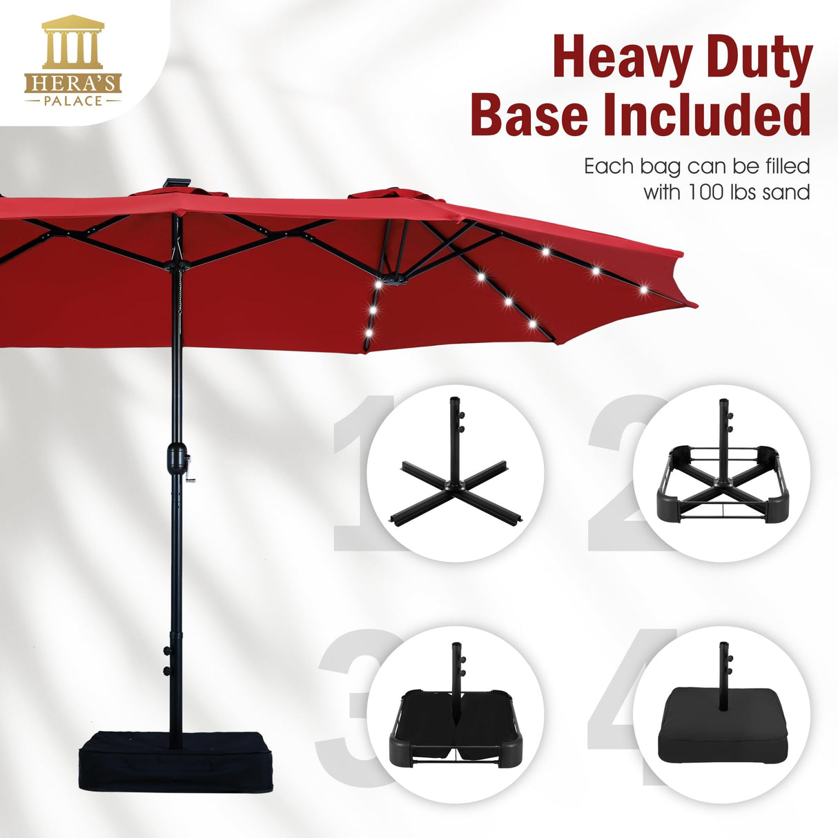 HERA'S PALACE 15 ft Patio Umbrella with 36 LED Solar Lights, Double Sided Outdoor Umbrella for Patio, Table Umbrella Outdoor Patio with Base for Garden Pool HERA'S PALACE