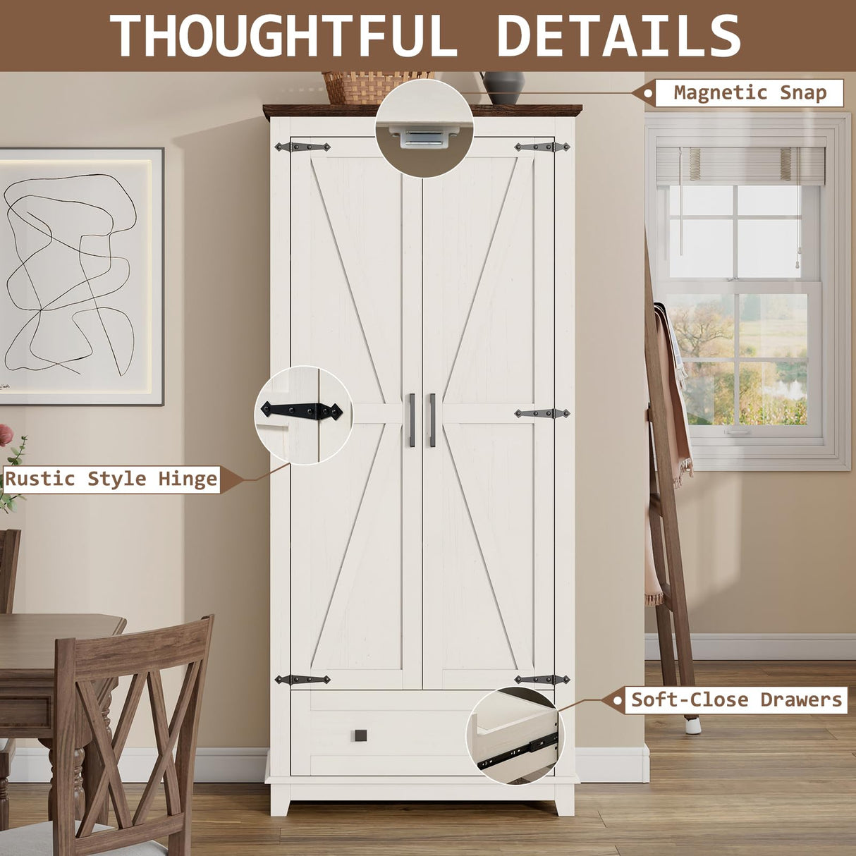 LUXOAK Farmhouse Kitchen Pantry Cabinet, 72" Tall Storage Cabinet with Adjustable Shelves & Barn Doors, Freestanding Kitchen Cupboard for Dining Room, Living Room, Barnwood+White LUXOAK