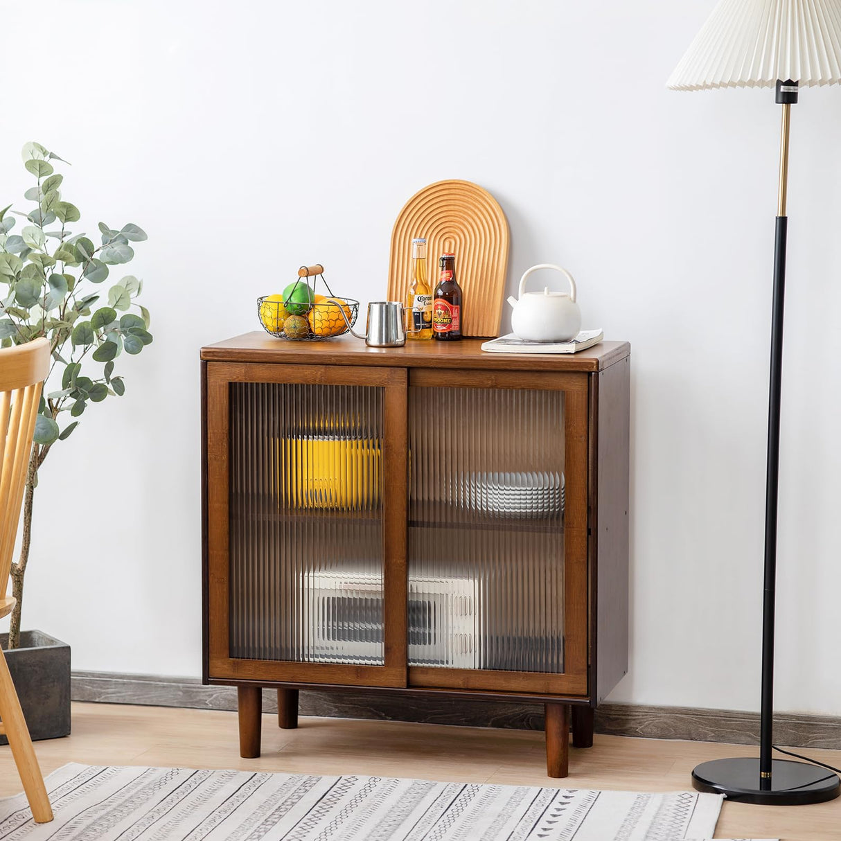 Tiita Bamboo Sideboard Buffet Cabinet, Rattan Kitchen Storage Cabinet, Boho Coffee Bar Tables for Kitchen Living Room Hallway Office, Walnut Tiita