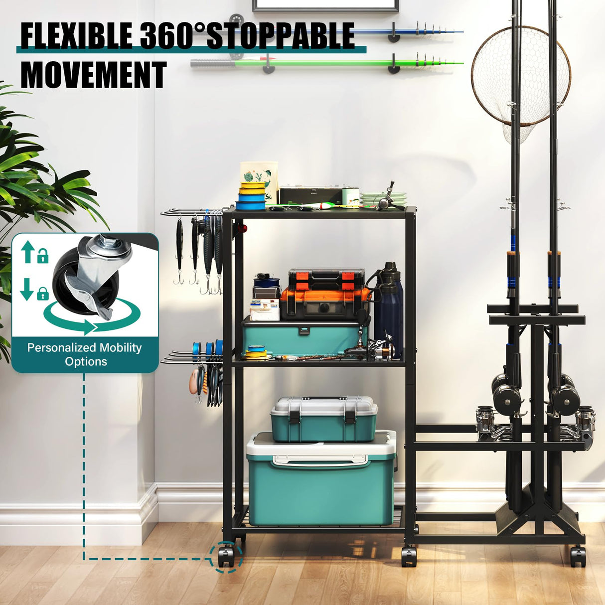 TC-HOMENY Fishing Rod Holders for Garage with Lockable Wheels, Heavy Duty Fishing Pole Rack Cart Holds Up to 10 Rods, Large Fishing Tackle Gear Organizer Storage rack for Room, Garage, Basement, Black TC-HOMENY