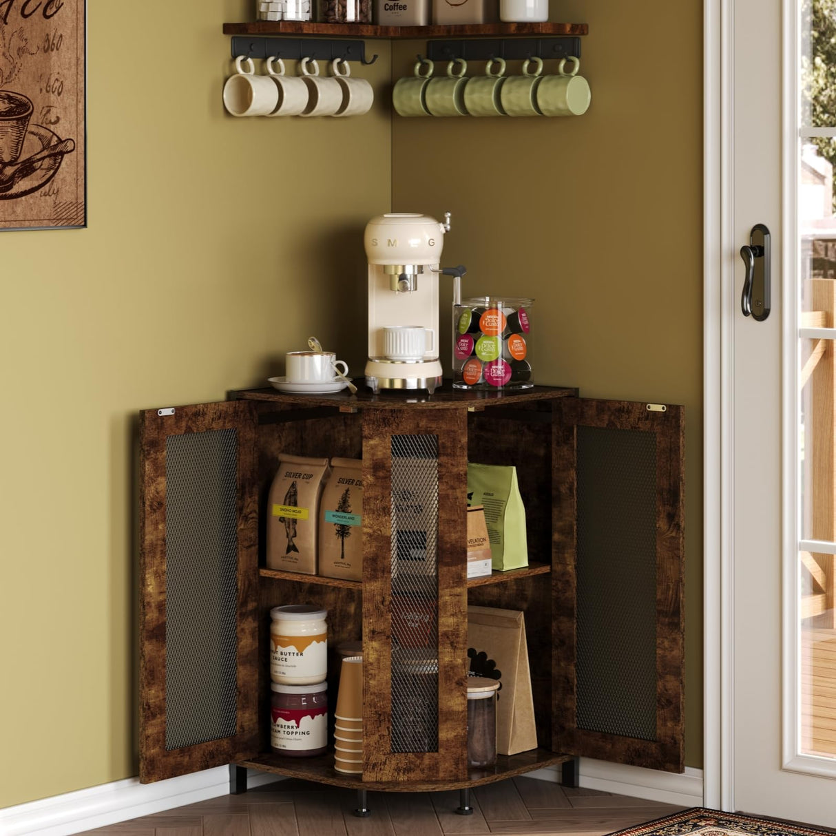 keomaisyto Coffee Bar Cabinet, 3-Tier Corner Coffee Cabinet with Storage Shelf & 18.7" Countertop, Rustic Wood Coffee Bar Station with Magnetic Door for Kitchen/Entrance/Living Room/Dining Room keomaisyto
