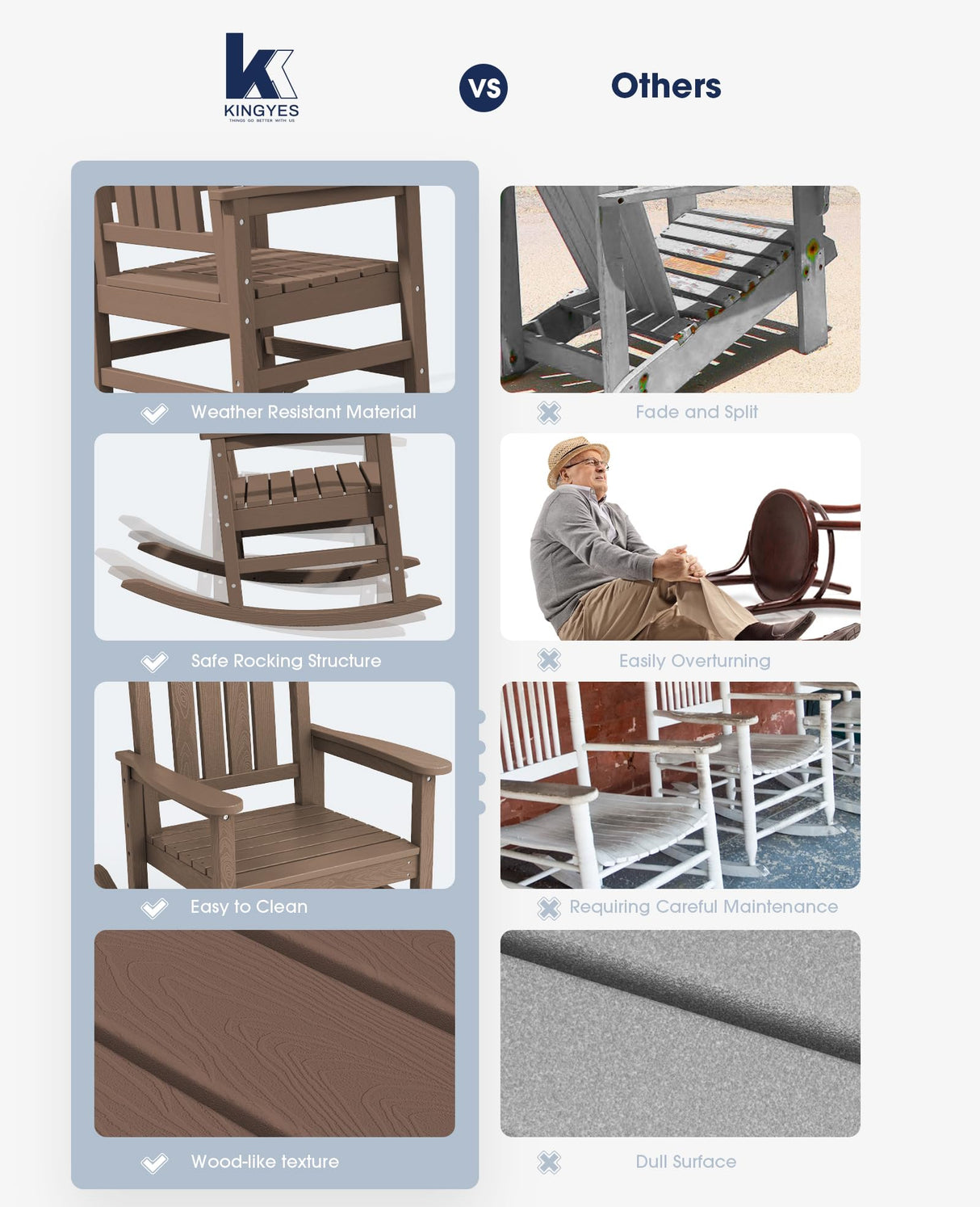 KINGYES HDPE Rocking Chairs Outdoor, Patio Rocking Chairs with 330lbs Support, Smooth Porch Rocker for Deck Lawn Yard, Brown KINGYES