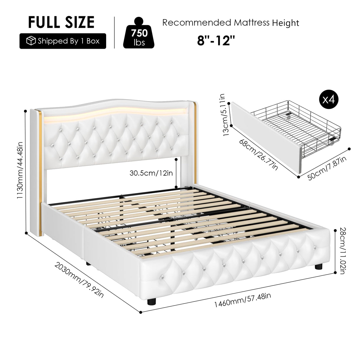 HIFIT Full Smart LED Platform Bed Frame with 4 Storage Drawers, Crystal Button-Tufted & Stainless Gold Trim Wingback Headboard, Modern PU Upholstered White /No Box Spring Needed/Easy Assembly HIFIT