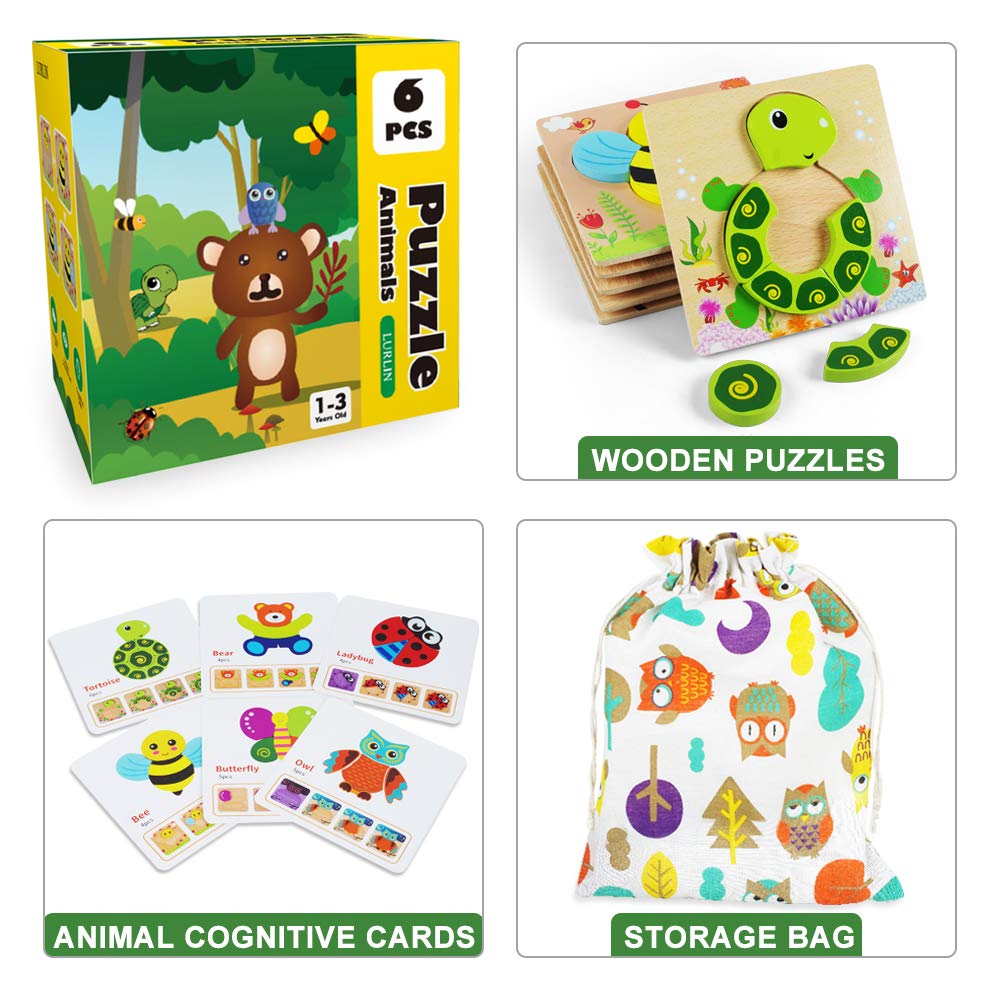 Toddler Puzzles, Wooden Jigsaw Animals Puzzles for 1 2 3 Year Old Girls Boys Toddlers, Educational Preschool Toys Gifts for Colors & Shapes Cognition Skill Learning LURLIN